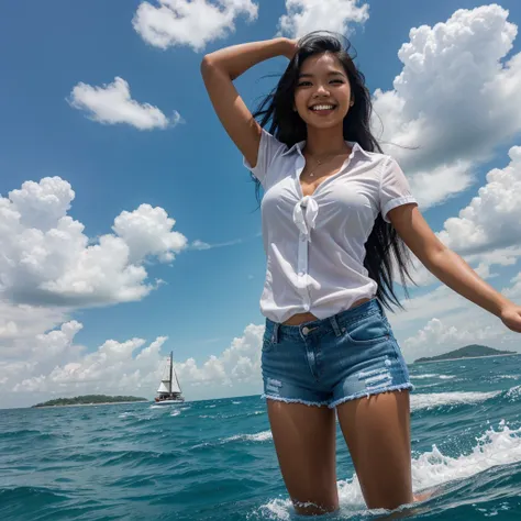 photography, realistic, 3d;  a young Indonesian woman, with long, flowing black hair blowing in the wind, giving a dynamic and free impression, is driving a speedboat on the sea.  He wore a white shirt tied at the front and blue denim shorts which gave off...