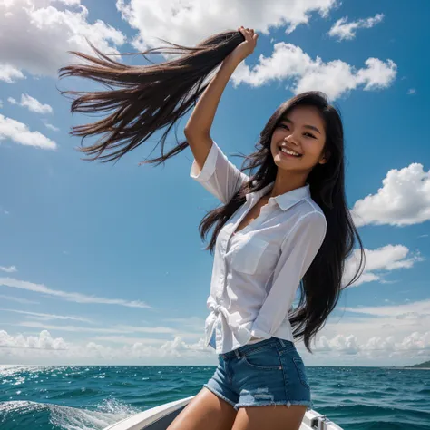 photography, realistic, 3d;  a young Indonesian woman, with long, flowing black hair blowing in the wind, giving a dynamic and free impression, is driving a speedboat on the sea.  He wore a white shirt tied at the front and blue denim shorts which gave off...