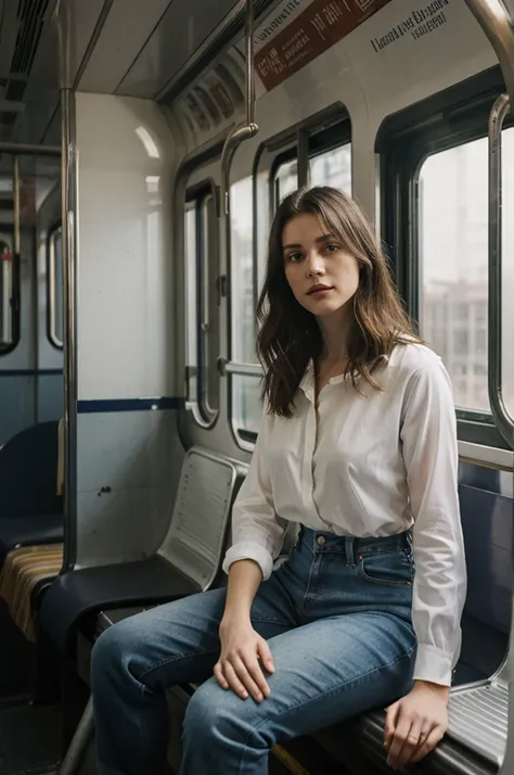 painting of a woman sitting in a subway car ((one woman only)) ((woman dressed in white)) modern dress, gray jeans pants, modern...