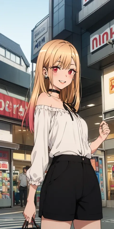 best quality, (masterpiece:1.2), detailed,
kitagawa marin sb,
1girl, solo, teeth, wide smile, earrings,
long hair, blonde hair, red eyes, multicolored hair, black ribbon, black choker,
black shorts, white shirt, off shoulder, shirt tucked in,
standing, loo...