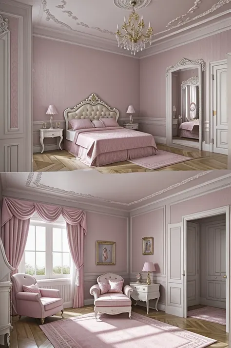 Rococo style room the size of a house, white wall color and pink gray