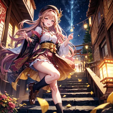 Pink, red, brown, gold, gold hair、Red gold eyes、Hair tied up、One good looking girl、solo、anime、Checkered mini skirt、Ruffles on the skirt、Checked dress、blouse、Kimono、Black knee-high socks、Ribbon、Ribbon on waist、Teeth are visible、Sparkly Necklace、From above、C...