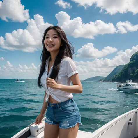 photography, realistic, 3d;  a young asian/korean woman, with long, flowing black hair blowing in the wind, giving a dynamic and free impression, is driving a speedboat on the sea.  He wore a white shirt tied at the front and blue denim shorts which gave o...