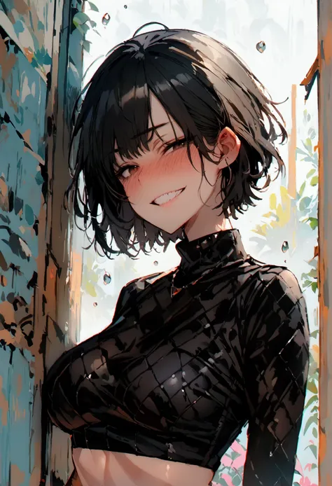 masterpiece, best quality 1girl, solo, beautiful woman, bangs, black hair, short hair, bob cut, dark brown eyes, deep blush, grin, medium breasts, black turtle neck sweeter, short black skirt, plated skirt, looking at viewer 