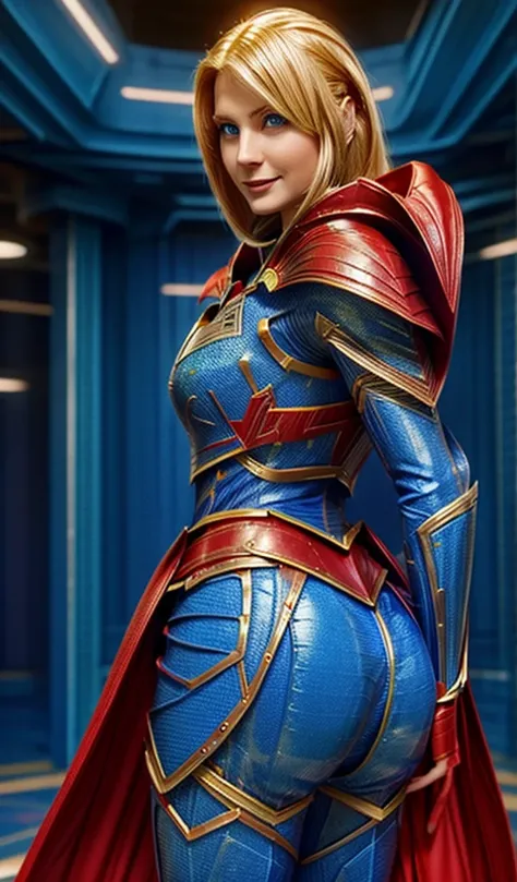 Supergirl flying in the space, planets in the background, perfect armor costume, extremely big upturned buttock, back angle view, extremely blond hair, smooth curves, red cape, extremely beautiful blue eyes, beautiful smile 