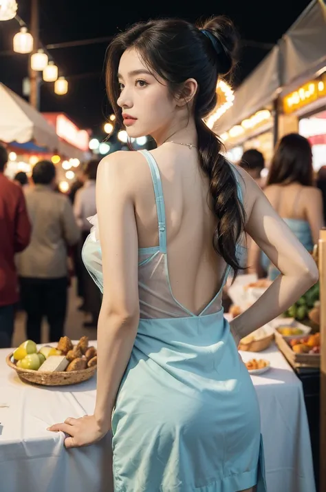 (((best quality))),(((ultra detailed))),(((masterpiece))),illustration,((1 beautiful girl,solo)),(short ponytail:1.2),(sheer apron:1.2),((bare shoulder,bare arms)),((slim,thin)),((bare back,towering hips,butt crack)),shopping, market, meat, bustling,early ...