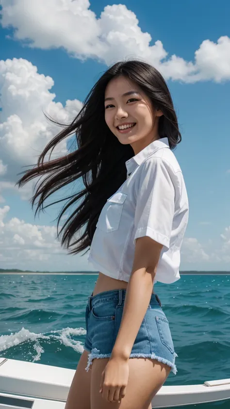 photography, realistic, 3d;  a young asian/korean woman, with long, flowing black hair blowing in the wind, giving a dynamic and free impression, is driving a speedboat on the sea.  He wore a white shirt tied at the front and blue denim shorts which gave o...