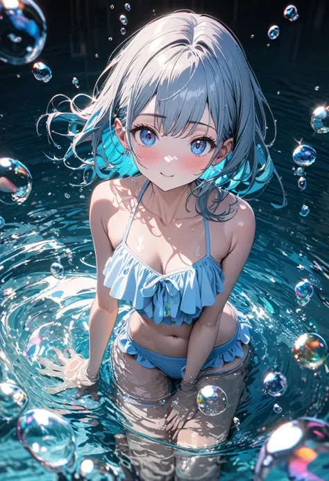 Super detailed, 8K, glass, Water in a glass, bubble, Right blue water, nice, bright,pretty girl,In the water,Swimwear