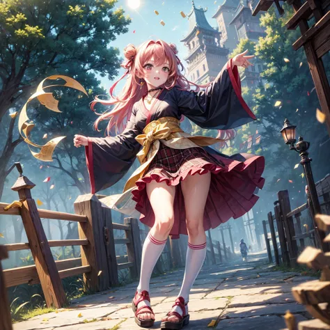 Pink, red, brown, gold, gold hair、Red gold eyes、Hair tied up、One good looking girl、solo、anime、Checkered mini skirt、Ruffles on the skirt、Checked dress、blouse、Kimono、Black knee-high socks、Ribbon、Ribbon on waist、Teeth are visible、Sparkly Necklace、From above、C...