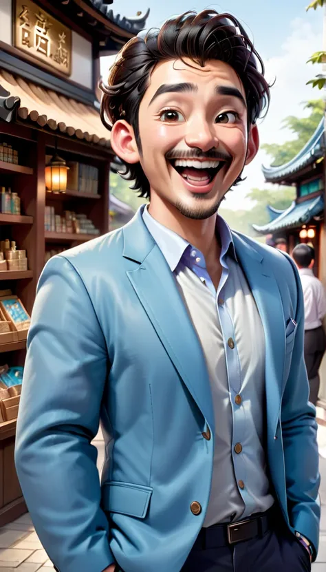 ”Create a realistic full 4D cartoon character with a big head. A 28-year-old Asian man with a happy and cheerful face. His mouth is wide open. He has a bald head with wavy hair on the side, big ears, bushy eyebrows and outstanding mustache. He wears a ligh...