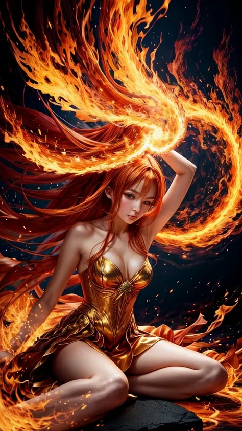 Step into a captivating scene featuring an anime girl seated on a floating platform, as vibrant fire particles ignite the air around her, creating a dazzling and dynamic atmosphere. The creative lighting style bathes her in a radiant, fiery glow, harmonizi...