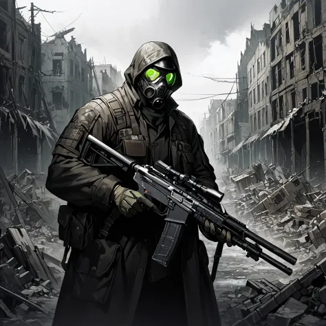 1man, russian, 40 years old, Character Design and Doomsday, Details, glowing steelgreen eyes, detailsTextured Skin, Black leather coat, Tactical half-gasmask, Holding a gun, aim action,(aim:1.2), Modified firearm, modify heavy firearms, ((destroyed town, a...