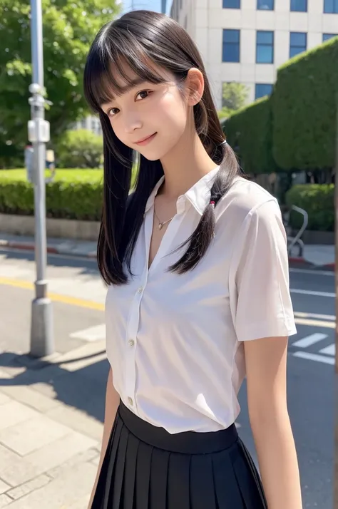 blouse,Pleated skirt,14 years old,middle School girls,Black Hair,bangs,Straight hair,ponytail,Dark Eyes,Small face,Young Face,Clean your eyes,Small Mouth,Showing teeth,thin,Young Face,,Flat Chest,Flat Chest,Flat Chest,Flat Chest,In the city,Realistic photo...