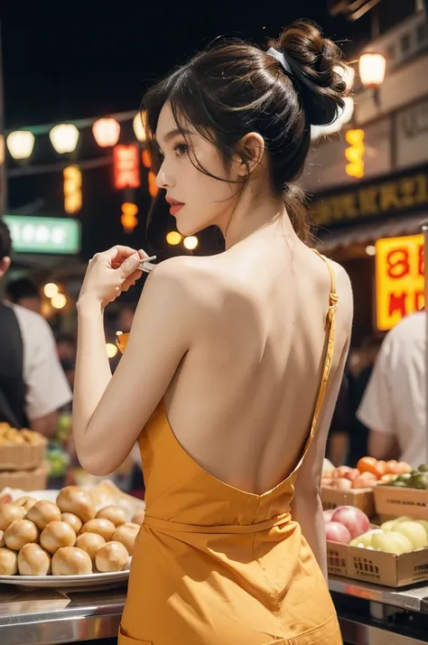 (((best quality))),(((ultra detailed))),(((masterpiece))),illustration,((1 beautiful girl,solo)),(short ponytail:1.2),(sheer apron:1.2),((bare shoulder,bare arms)),((slim,thin)),((bare back,towering hips,butt crack)),shopping, market, meat, bustling,early ...