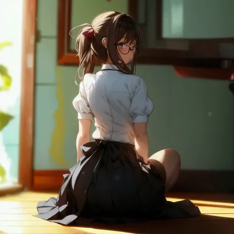 Anime-style image of a woman sitting on the floor in a room, Beautiful anime girl crouching, Anime girl crouching, , chic, Realisticな女子高生, hyperRealisticな女子高生, 超Realisticな , (SFW) Safe at Work, Giant Art,  In a dress, Danganronpa digital art,Anime girl wit...