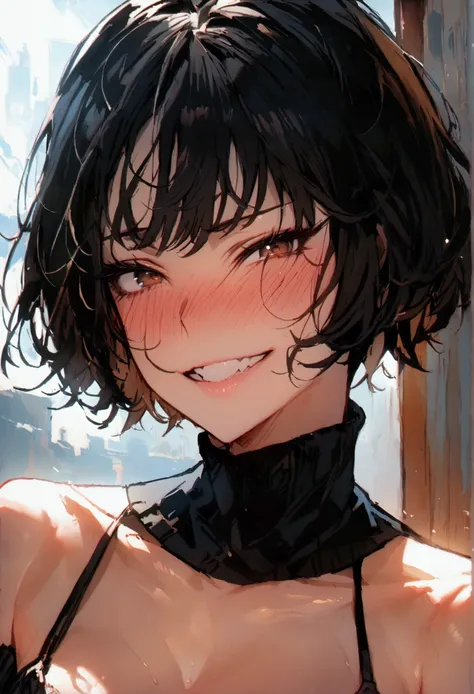 masterpiece, best quality 1girl, solo, beautiful woman, bangs, black hair, short hair, bob cut, dark brown eyes, deep blush, grin, medium breasts, black turtle neck sweeter, short black skirt, plated skirt, looking at viewer 