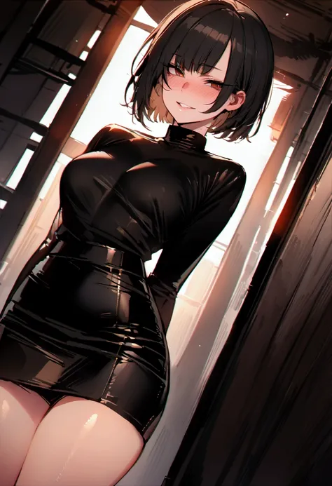 masterpiece, best quality 1girl, solo, beautiful woman, bangs, black hair, short hair, bob cut, dark brown eyes, deep blush, grin, medium breasts, black turtle neck sweeter, short black skirt, plated skirt, looking at viewer 