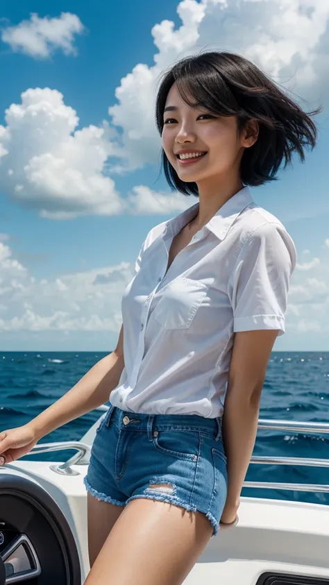 photography, realistic, 3d;  a young Asian/Korean woman, with short black hair blowing in the wind, giving a dynamic and free impression, is driving a speedboat on the sea.  He wore a white shirt tied at the front and blue denim shorts which gave off a den...