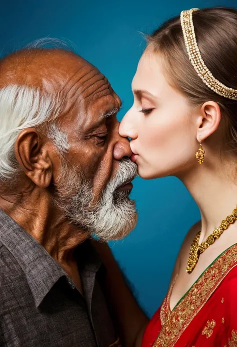 beautiful russian girl kissing an ugly old indian man