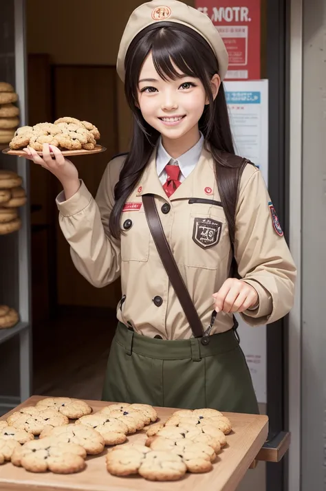 a  scout anime girl selling cookies with a wide cute smile 