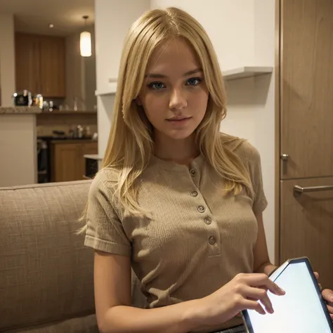 Blonde girl with a tablet in her hands 