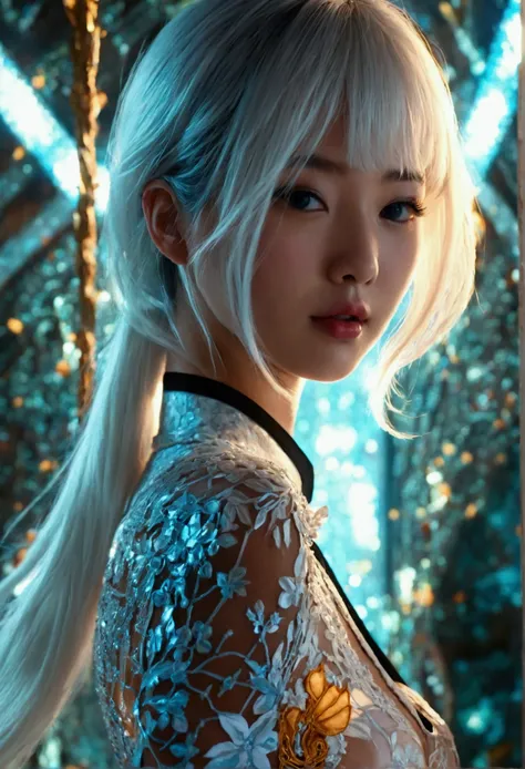 realisticlying, A high resolution, 1 rapariga, White color hair, korean people, eBlue eyes, The transparent cheongsam is flying，Sheer tight-fitting garments，Beads of sweat dripped down the buttocks，Large chest，Wide buttock， your ass，Butt visible，Visible on...