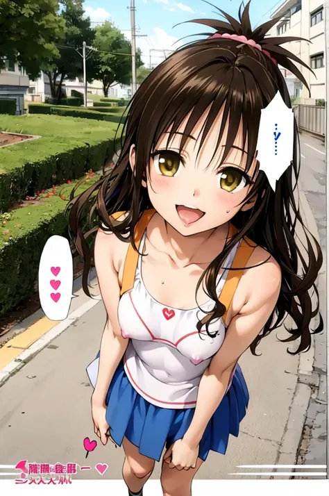 1girl,solo,yuuki mikan,, ,brown hair,, ,1girl,,,small breasts,,open mouth,,tongue,smile,(spoken heart),outdoor,,looking viewer,standing