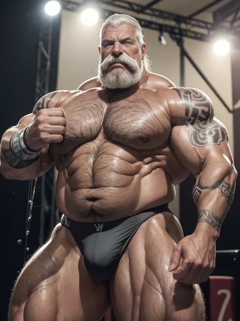 Hyperrealistic image of an extremely old and very sweaty gray-haired bodybuilder superhero over 80 years old, very muscular and fat, more than 200 kilos, with bare torso, large and flaccid pectorals, brown nipples and big gray mustaches with huge tattooed ...