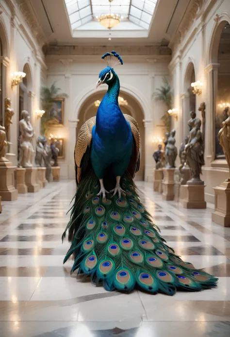 In the soft glow of gallery lights at a modern art exhibition, a graceful peacock walks majestically on the marble floor, surrounded by beautiful paintings and artistic statues. The 8K UHD image is rendered in RAW format, boasting incredible photorealism, ...