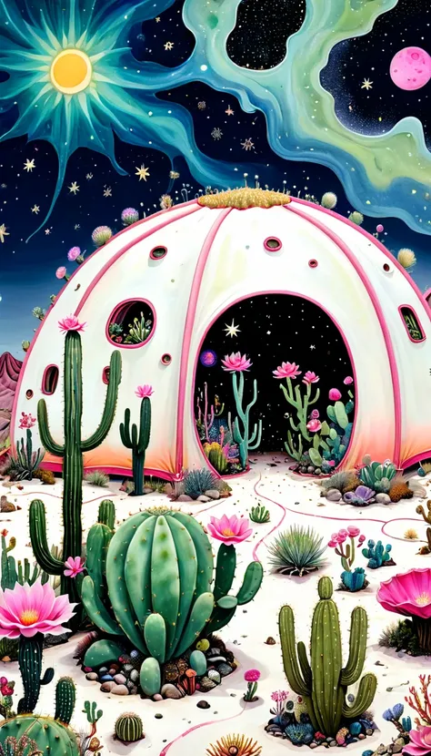 &quot;Dick Ellescas Artist Style&quot; Wide Desert，Cactus Tent，天上的星星有着长长的Tentacles，bacteria，Spore powder，Fungi，Marine Life，plant，flower，Tentacles，Eye、Starry Sky，Stitching together an abstract painting，Describing the inner world of autistic people，Sense of ...