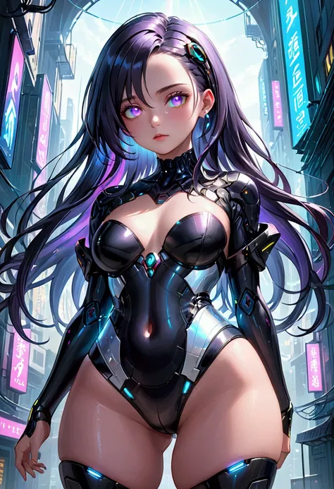 (masterpiece), best quality, expressive eyes, perfect face, Girl,long dark iridescent hair, iridescent eyes, small waist, medium chest, large thighs,large hips, cyberpunk