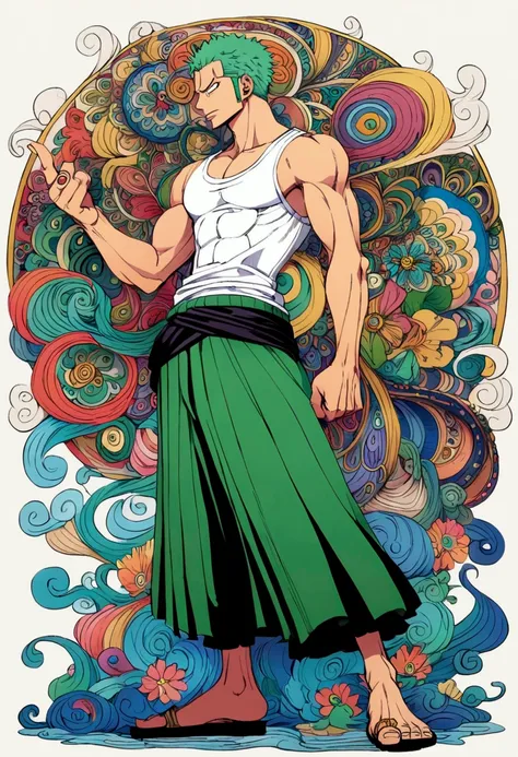 zoro from one piece, full body, side profile, angry, one hand points to the side, tank top. 