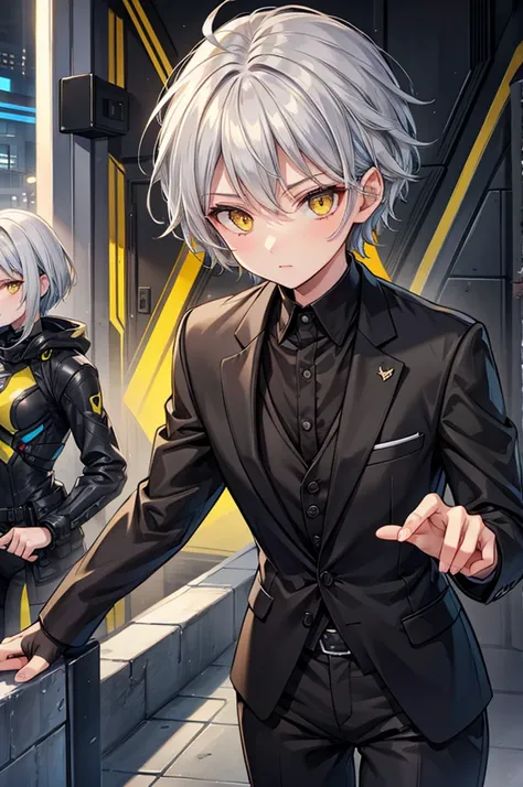 gray hair,yellow eyes,black suit