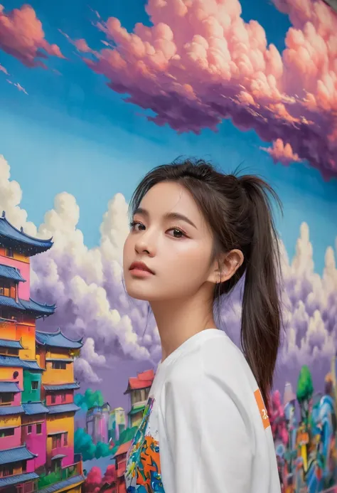 (best quality), masterpiece, 极其细致的 CG  8K 插painting, High Color, extremely High Color saturation, All colors are deepened, painting, Graffiti Art, Central Composition, Extremely detailed lighting, Graffiti Wall, wall paintinged bright, 1 girl graffiti 1 gi...