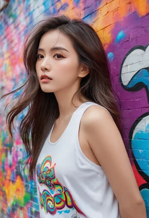 (best quality), masterpiece, 极其细致的 CG  8K 插painting, High Color, extremely High Color saturation, All colors are deepened, painting, Graffiti Art, Central Composition, Extremely detailed lighting, Graffiti Wall, wall paintinged bright, 1 girl graffiti 1 gi...