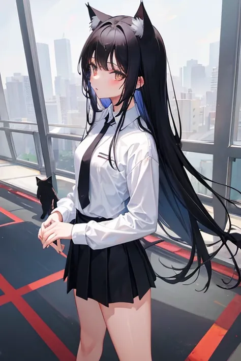 Black Hair，Black clothing，Cat ear，Girl，Poker face，tie，Standing，whole body