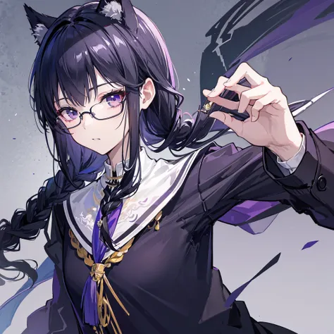 high resolution、Fine skin、Glasses、Purple droopy eyes, black hair braids、Black Sailor Suit、No background