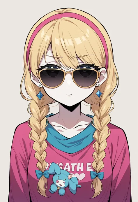 Profession: Fashion Influencer, Student appearance: Dye your hair blonde，Little girl with double braids, big eyes，Long eyelashes, White skin, And pouting expression. She has a frame and a cute, Doll-like appearance.clothing: Kira wears various brightly col...