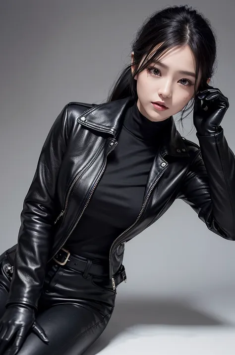 black leather rider jacket, office in the dark, Fingertips of black leather gloves on both hands,wearing black leather gloves,sitting in a black leather chair、 Japanese female new employee (black leather gloves cover both hands) (The angle is horizontal)、b...