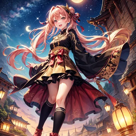 Pink, red, brown, gold, gold hair、Red gold eyes、Hair tied up、One good looking girl、solo、anime、Checkered mini skirt、Ruffles on the skirt、Checked dress、blouse、Kimono、Black knee-high socks、Ribbon、Ribbon on waist、Teeth are visible、Sparkly Necklace、From above、C...