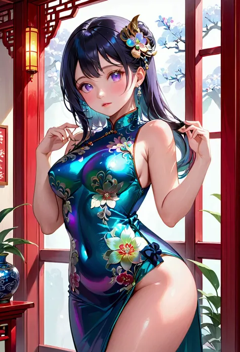 (masterpiece), best quality, expressive eyes, perfect face, Girl,long dark iridescent hair, iridescent eyes, small waist, medium chest, large thighs, large hips, cheongsam