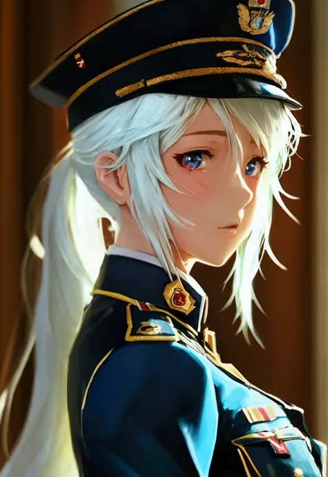 Anime is a military girl wearing a dark blue uniform with dark red elements. Black eyes, white long hair, and a scar on her neck.