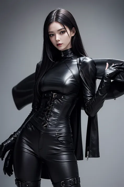 Black leather gloves　Black leather riders jacket　Black Leather Skinny Pants　Black leather long boots　Black Leather Neck Corset　Black straight hair　Venetian mask