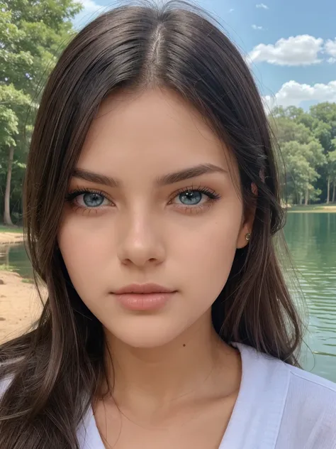 Hot girl lake view, detailed face and eyes