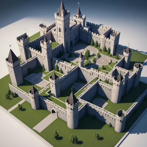 Create a fabulous ultra-realistic 3D castle with white walls and tall towers, circular walls ,in the middle of a mountain, isometric view,high quality ,Masterpiece,High level of details .