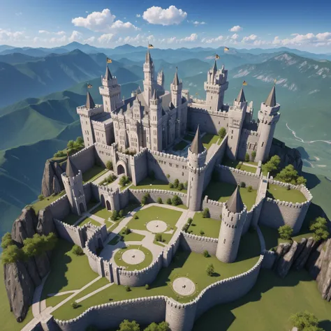 Create a fabulous ultra-realistic 3D castle with white walls and tall towers, circular walls ,in the middle of a mountain, isometric view,high quality ,Masterpiece,High level of details .