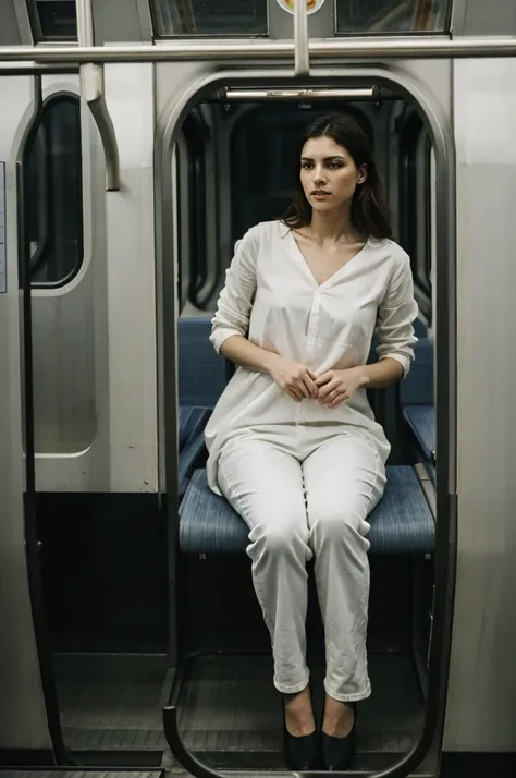 oil painting of a woman sitting in a metro car ((one woman only)) ((woman dressed in white)) modern dress, gray jeans pants, mod...