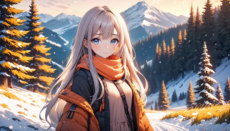 a beautiful young woman in a spring mountain landscape with a little snow, anime style, 1girl, detailed face and eyes, delicate facial features, long hair, standing in a snowy meadow, pine trees in the background, scenic mountain view, soft lighting, warm ...