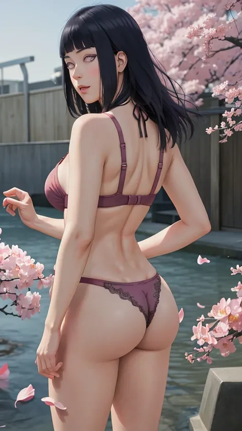 masterpiece, absurdres, hinata(boruto), 1girl, image from back, nice ass, solo,mature female, string bra paired with g-string, looking at viewer, (falling petals), perfect composition, detailed lips, voluptuous, beautiful face, body propotion, blush, (pink...