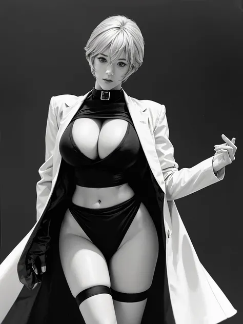 Very short hair, (masterpiece、Highest quality、Official Art), Neck up, View from the front, Looking at the audience:1.5, topless, Underless, White jacket:1.2, Black long boots, Black garter belt, (Black bondage suit:1.2), Black collar, Black choker, Glowing...